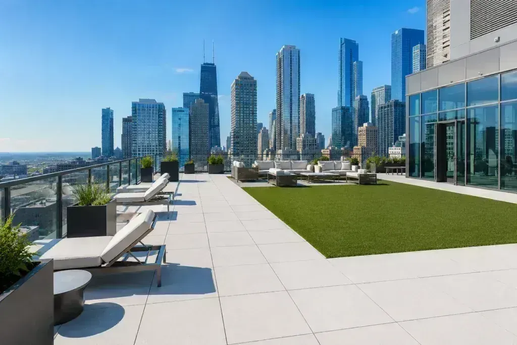 Rooftop amenity deck in downtown Chicago featuring light-colored cool roof porcelain pavers and artificial turf installed on an elevated pedestal paver system by Skydeck USA, with city skyline views