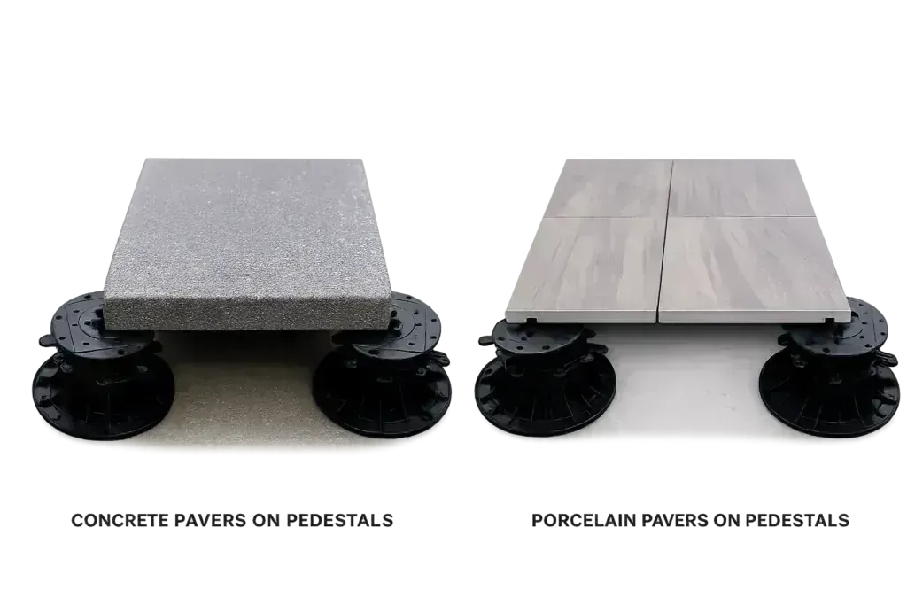 Side-by-side comparison of a concrete paver and porcelain pavers mounted on Skydeck USA pedestal supports, showing the difference in thickness, texture, and surface finish between the two materials