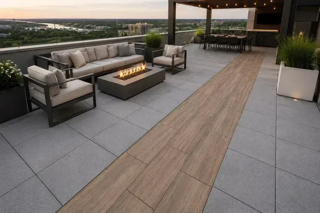Elevated rooftop deck featuring a combination of large-format concrete and wood-look porcelain pavers installed on a pedestal system by Skydeck USA, with outdoor lounge seating, a fire pit, and city views at sunset