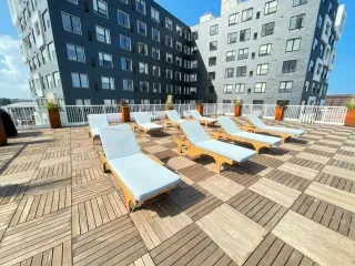 Rooftop SkyWalk Ipe Wood Deck on Skyjack pedestals at Church + State Apartments in Cleveland, OH by Skydeck USA