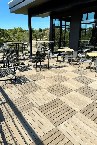 Ipe wood deck tiles on SkyJack Adjustable Pedestals at Rhonemus Cellars in Lancaster, PA