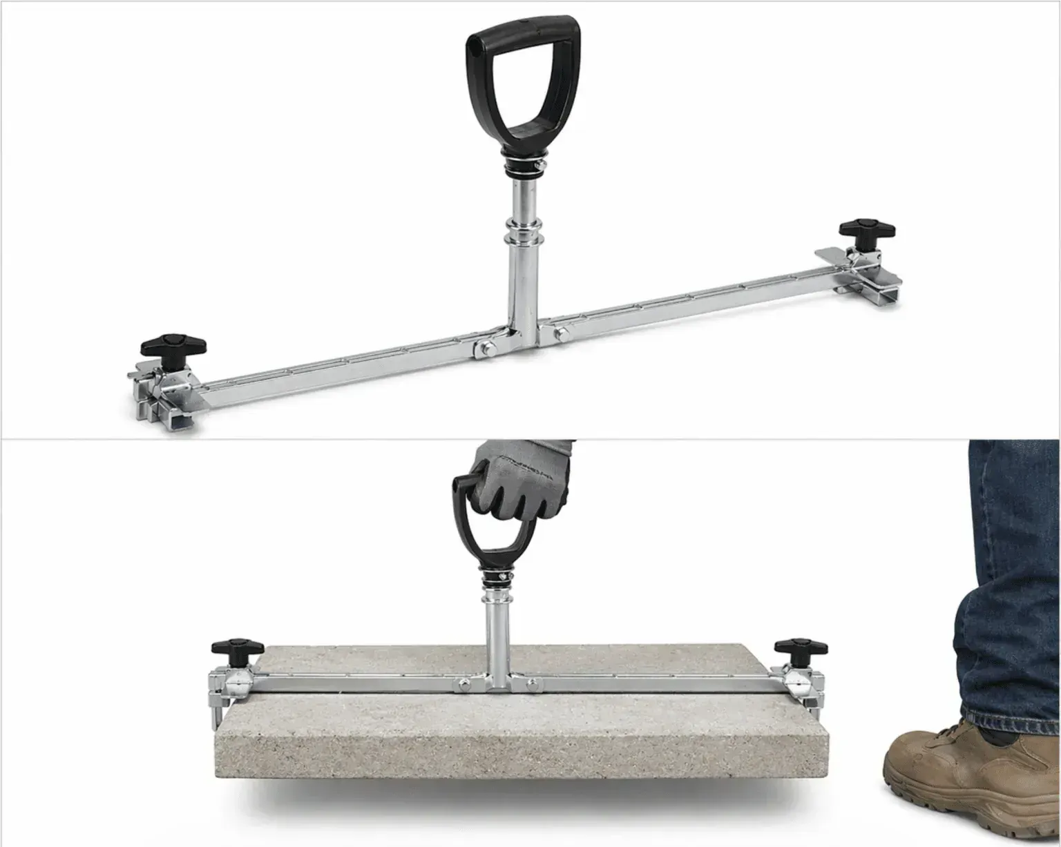 Slab grabber lifting a concrete paver horizontally with adjustable clamps and ergonomic handle