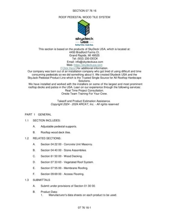 thumbnail of SkyWalk Roof Pedestal Wood Tile System Specification