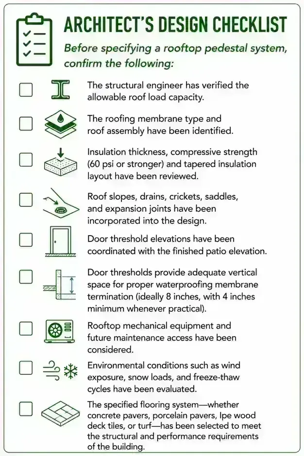 Green architect's design checklist listing nine items to confirm before specifying a rooftop pedestal system, from verified roof load capacity and membrane type to door thresholds, wind and snow exposure, and flooring selection.