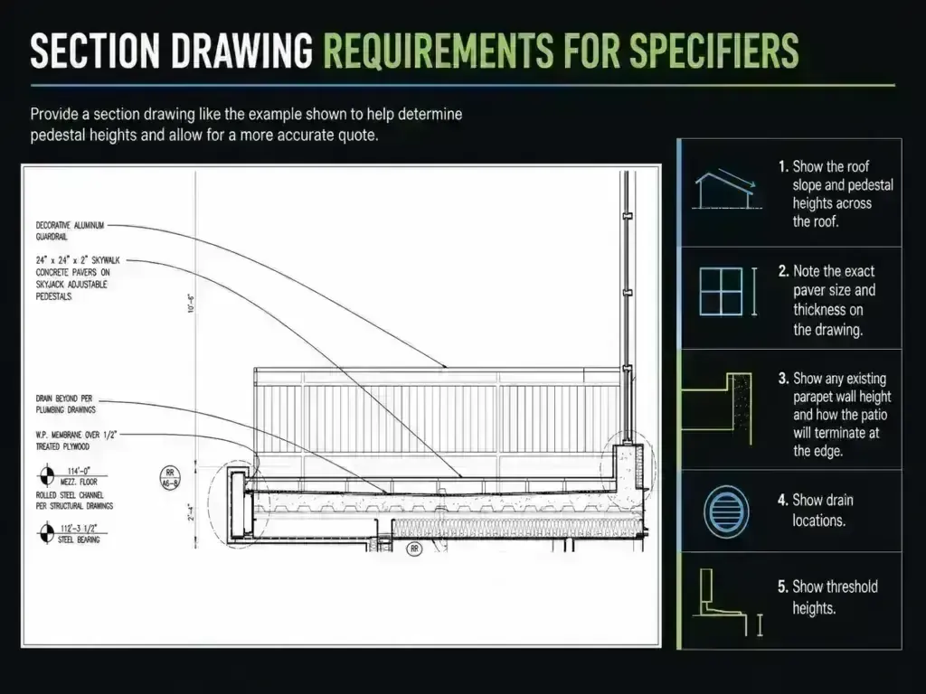 Annotated architectural section drawing of SkyWalk concrete pavers on SkyJack adjustable pedestals beside a five-point list for specifiers: show roof slope and pedestal heights, paver size, parapet wall height, drain locations, and threshold heights.