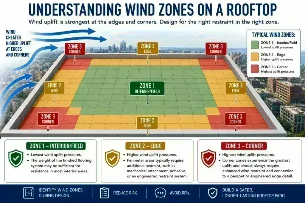 Aerial infographic of a rooftop divided into colored wind zones—green interior field, yellow edges, and red corners—showing wind uplift is strongest at edges and corners and each zone needs the right level of restraint.