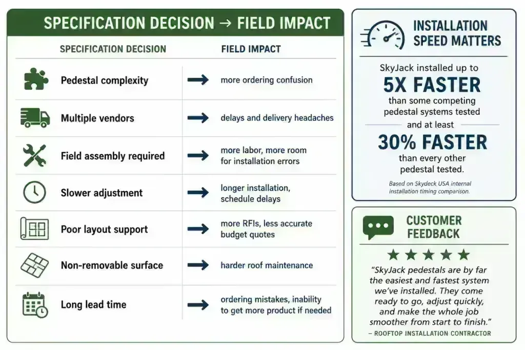 Table mapping specification decisions such as pedestal complexity, multiple vendors, field assembly, and long lead times to field impacts like delays and installation errors, beside panels noting SkyJack installed up to 5x faster in Skydeck's internal timing comparison and a five-star contractor quote.