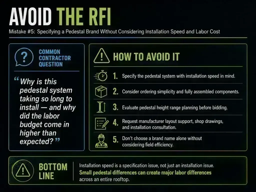 Dark 'Avoid the RFI' panel for Mistake #5 answering why a pedestal system takes so long to install, with five tips including specifying for installation speed, ordering simplicity, height range planning, and manufacturer layout support.