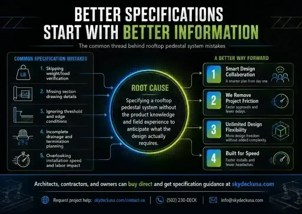 Infographic titled 'Better Specifications Start with Better Information' tracing five common specification mistakes to one root cause—specifying without product knowledge and field experience—and presenting a four-step better way forward with Skydeck contact details.