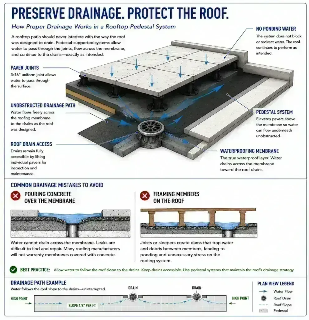 Infographic titled 'Preserve Drainage. Protect the Roof.' showing water passing through paver joints and flowing under a pedestal system to the roof drain, with mistakes to avoid including pouring concrete over the membrane and placing framing members on the roof.