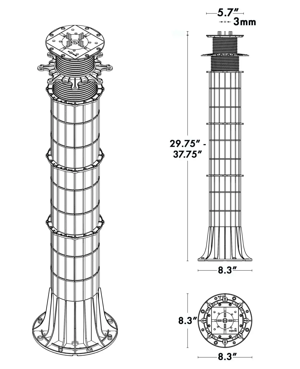 SkyJack SD-XL Pedestal + 3 Extenders Dimension Drawing