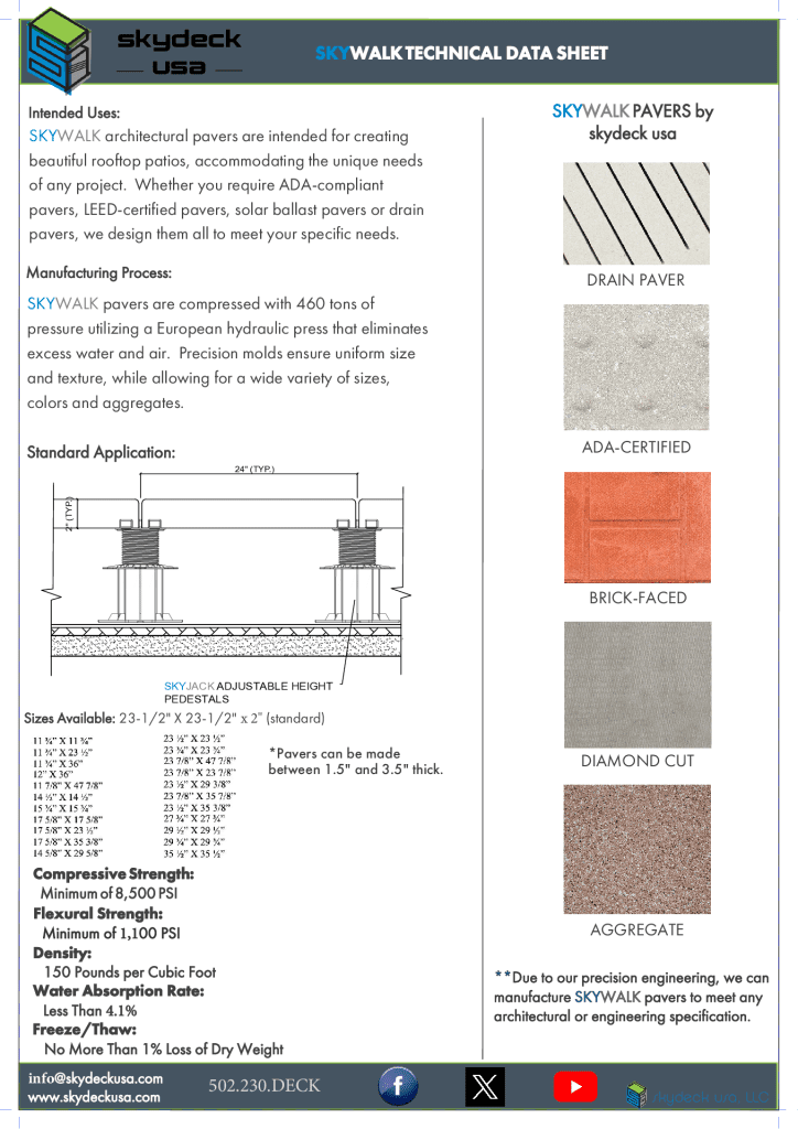 Cover of the SkyWalk Paver Technical Data Sheet PDF showing concrete paver technical data for rooftop decks and terraces.
