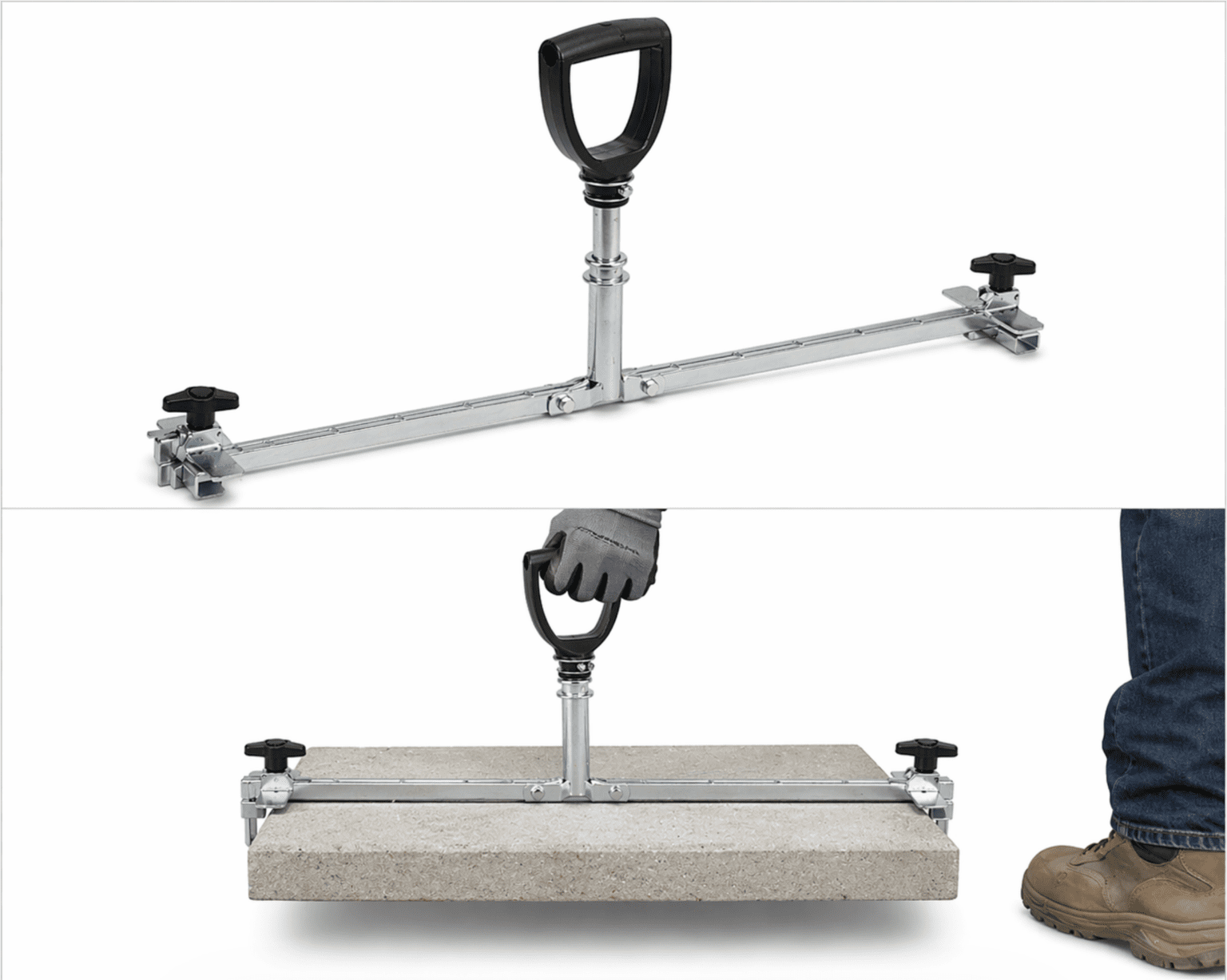 Slab grabber lifting a concrete paver horizontally with adjustable clamps and ergonomic handle