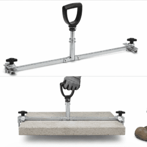 Slab grabber lifting a concrete paver horizontally with adjustable clamps and ergonomic handle