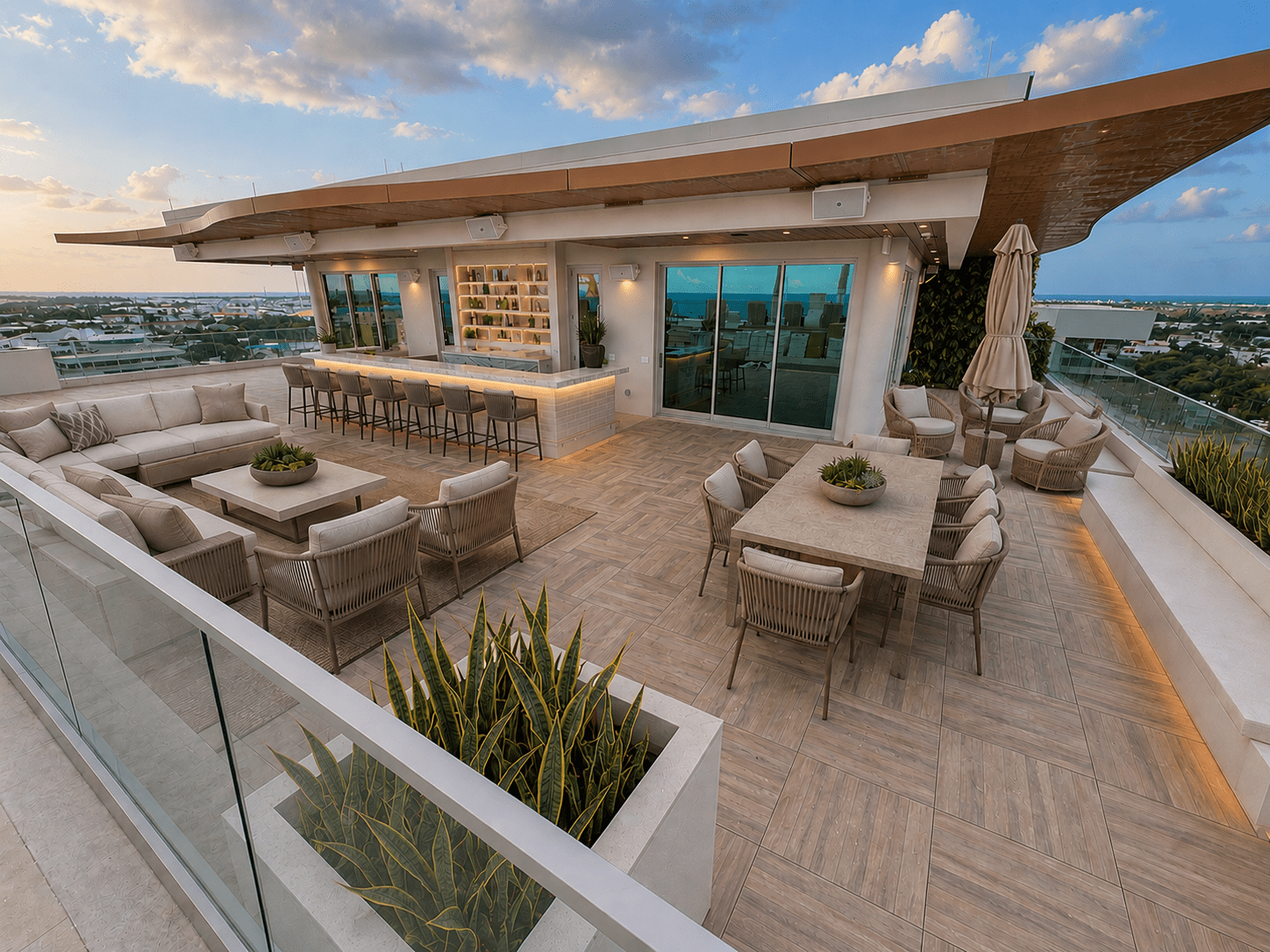 Rooftop Bar and Seating Area on OneGT Hotel with porcelain pavers on pedestals in Grand Cayman Island by Skydeck USA