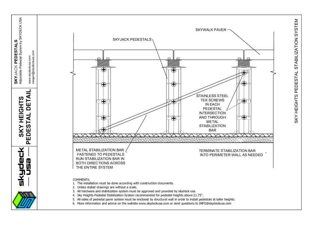 SkyHeights Pedestal Bracing System for Pedestals over 21.75" with detailed specs and installation diagrams, and compatibility details for tall adjustable pedestals.