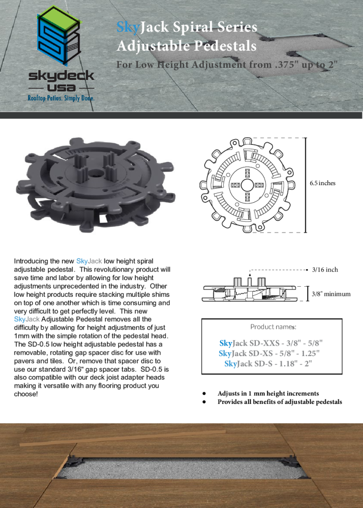 SkyJack Low Height Spiral Series Brochure – Adjustable pedestals for tight-clearance rooftop applications