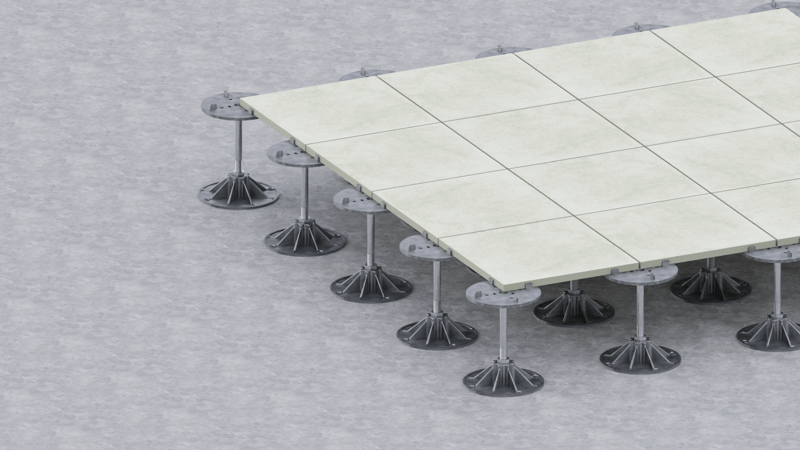 Non-Comustible Pedestal System Under Porcelain Pavers