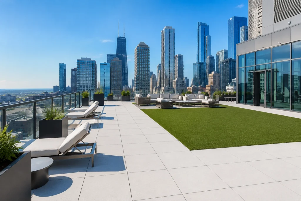 Rooftop amenity deck in downtown Chicago featuring light-colored cool roof porcelain pavers and artificial turf installed on an elevated pedestal paver system by Skydeck USA, with city skyline views