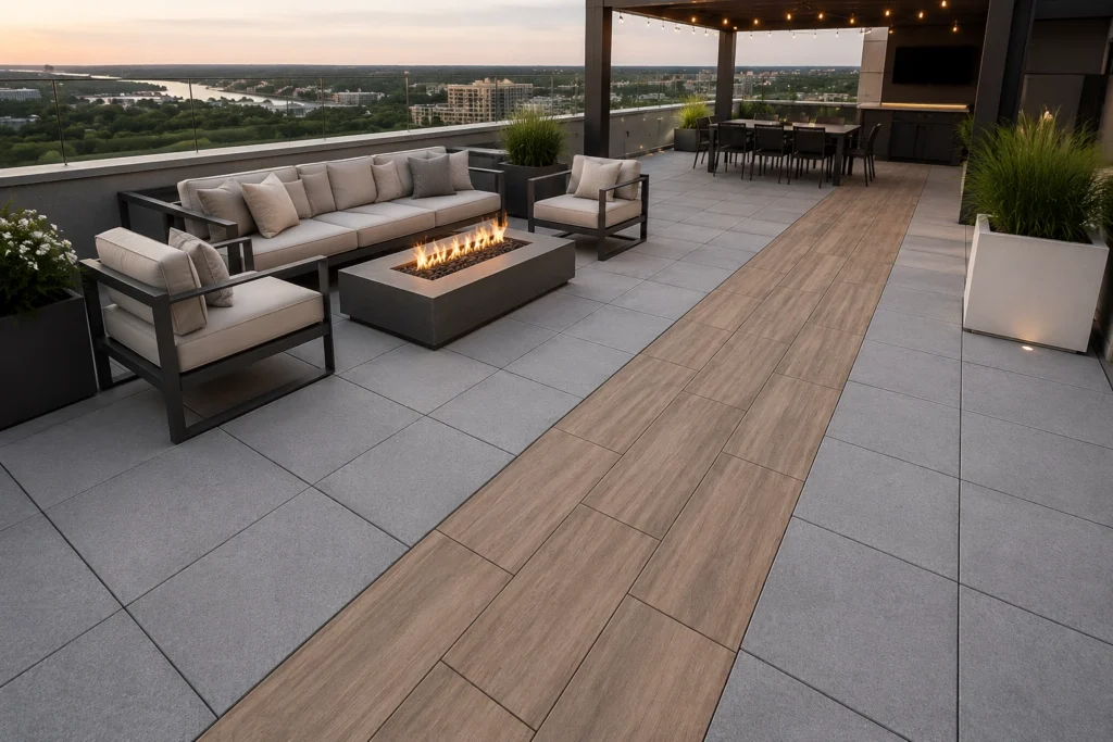 Elevated rooftop deck featuring a combination of large-format concrete and wood-look porcelain pavers installed on a pedestal system by Skydeck USA, with outdoor lounge seating, a fire pit, and city views at sunset