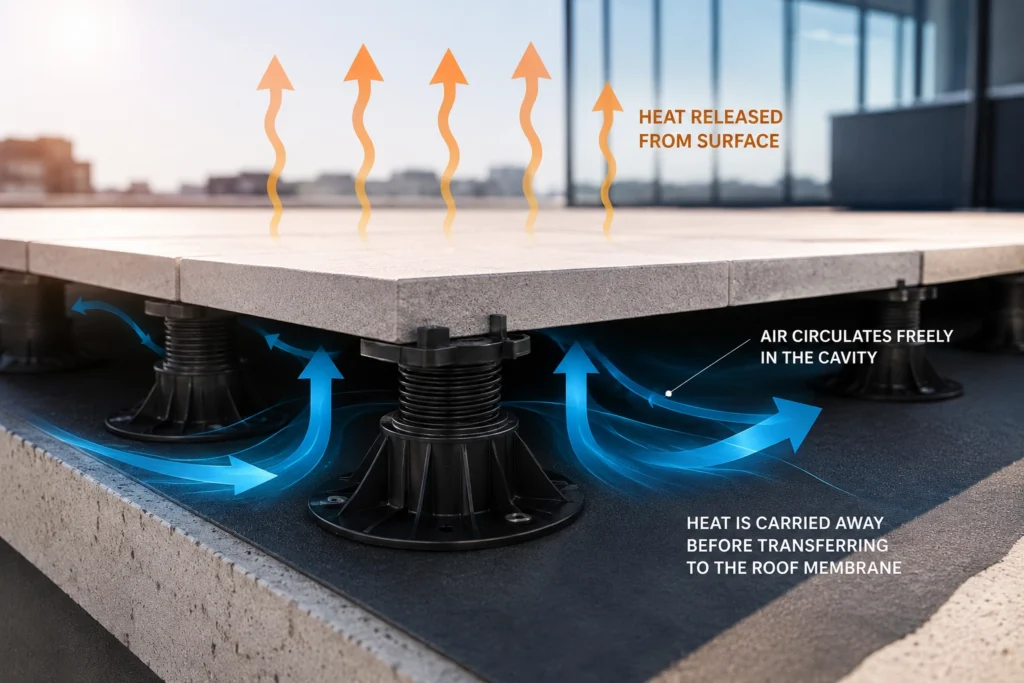 Diagram showing how an elevated paver system releases heat upward from the paver surface while ventilated air circulates freely in the cavity beneath, carrying heat away before it transfers to the roof membrane