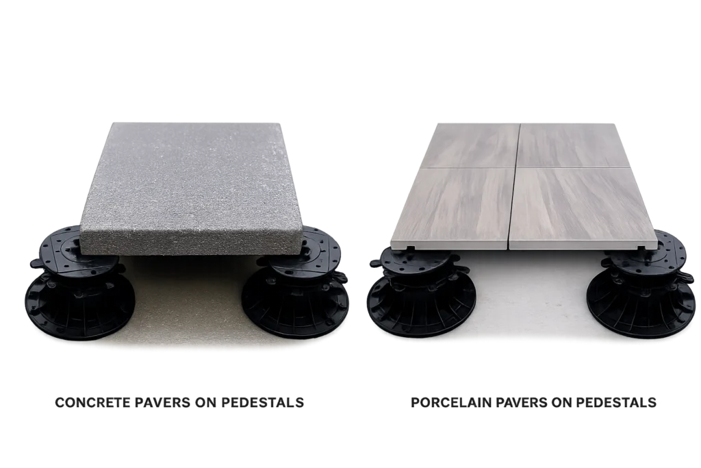Side-by-side comparison of a concrete paver and porcelain pavers mounted on Skydeck USA pedestal supports, showing the difference in thickness, texture, and surface finish between the two materials