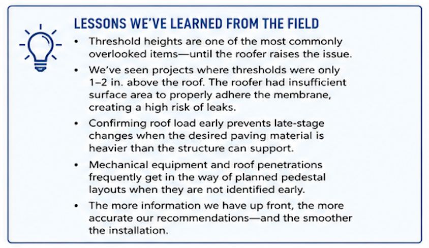'Lessons We've Learned from the Field' card noting commonly overlooked threshold heights, leak risk when thresholds sit only 1-2 inches above the roof, early roof load confirmation, and mechanical equipment conflicts with pedestal layouts.