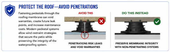 'Protect the Roof—Avoid Penetrations' comparison marking a pedestal screwed through the roofing membrane with a red X and a non-penetrating pedestal system that preserves membrane integrity with a green check.