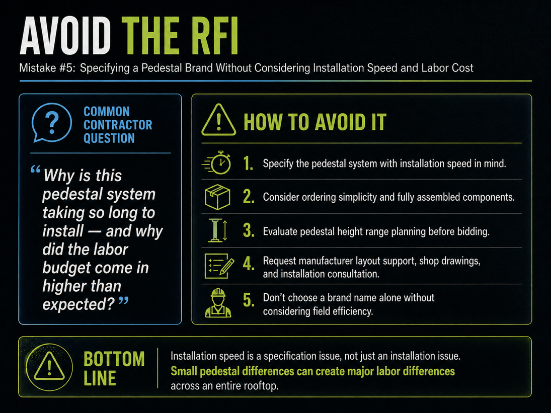 Dark 'Avoid the RFI' panel for Mistake #5 answering why a pedestal system takes so long to install, with five tips including specifying for installation speed, ordering simplicity, height range planning, and manufacturer layout support.